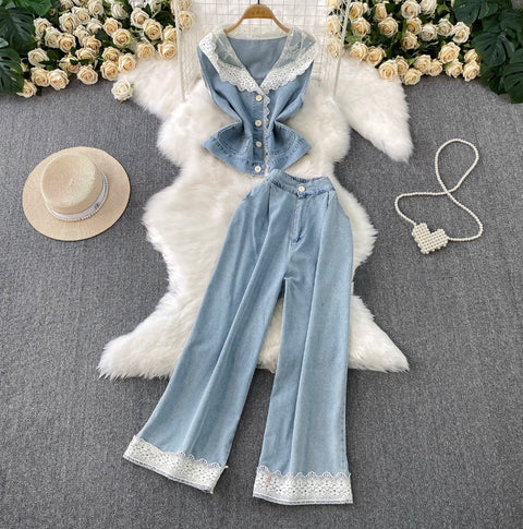 Lace Patchwork Vest & Jeans 2Pcs