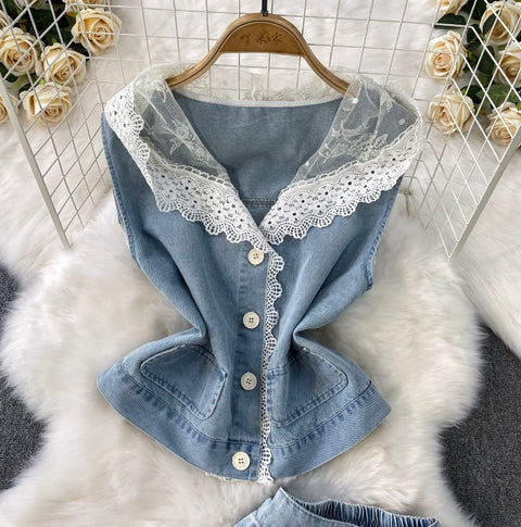 Lace Patchwork Vest & Jeans 2Pcs