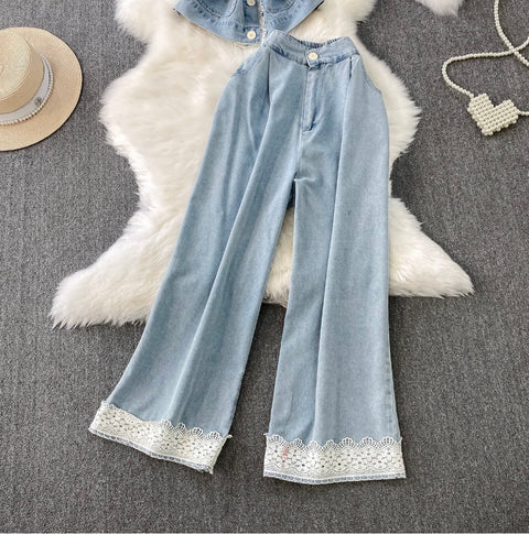 Lace Patchwork Vest & Jeans 2Pcs