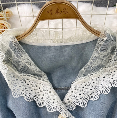 Lace Patchwork Vest & Jeans 2Pcs