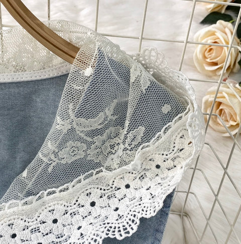 Lace Patchwork Vest & Jeans 2Pcs