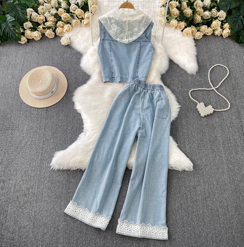 Lace Patchwork Vest & Jeans 2Pcs