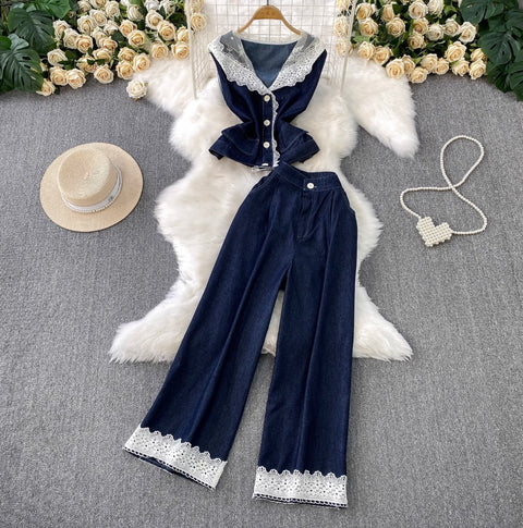 Lace Patchwork Vest & Jeans 2Pcs