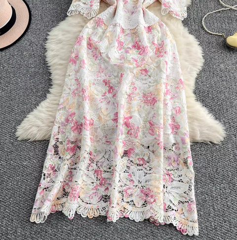 Hollowed Crochet Floral Lace Dress
