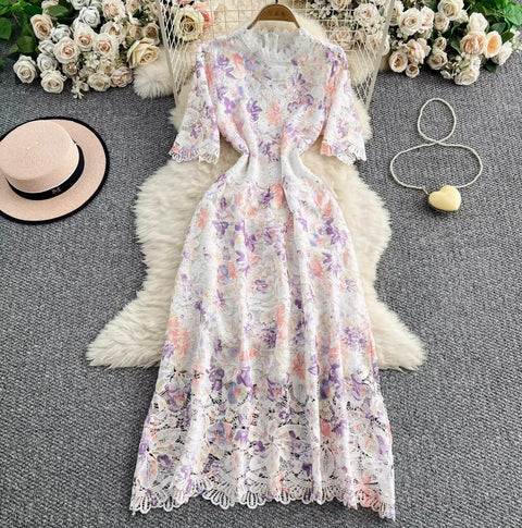 Hollowed Crochet Floral Lace Dress