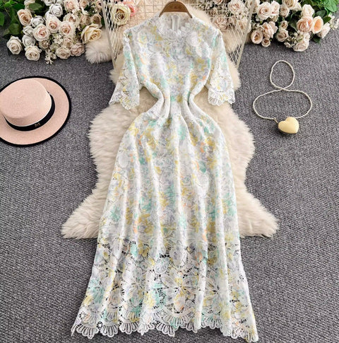 Hollowed Crochet Floral Lace Dress