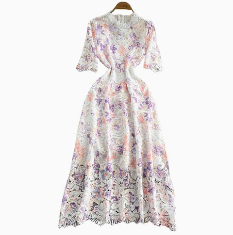 Hollowed Crochet Floral Lace Dress