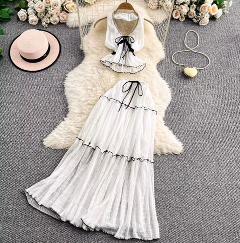 V-neck Halter Top & Mesh Skirt 2Pcs