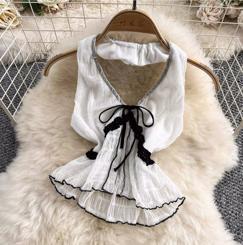 V-neck Halter Top & Mesh Skirt 2Pcs