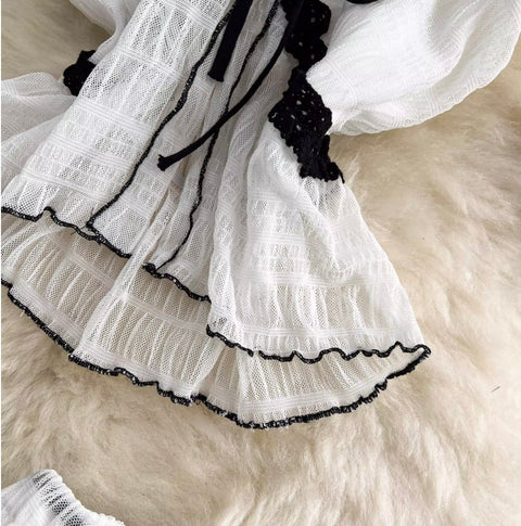 V-neck Halter Top & Mesh Skirt 2Pcs