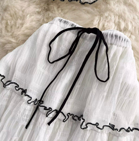 V-neck Halter Top & Mesh Skirt 2Pcs