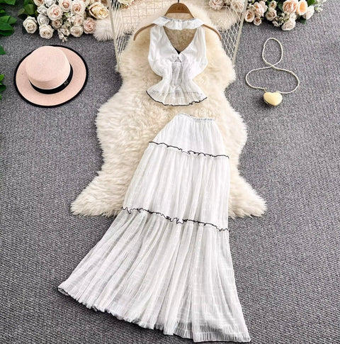 V-neck Halter Top & Mesh Skirt 2Pcs