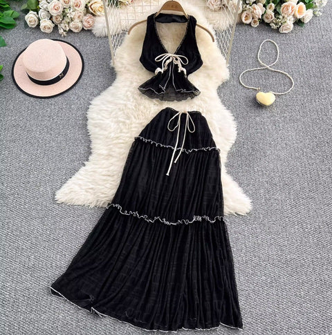 V-neck Halter Top & Mesh Skirt 2Pcs
