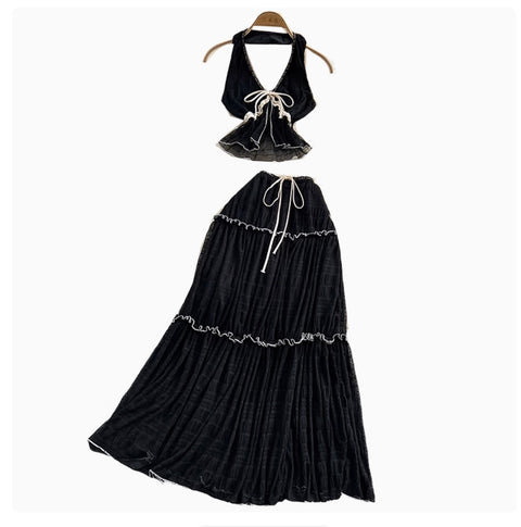 V-neck Halter Top & Mesh Skirt 2Pcs