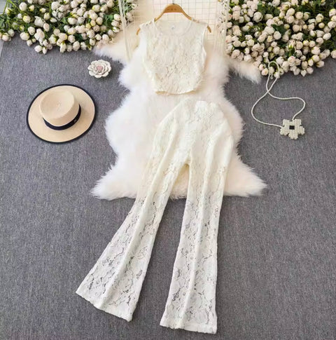 Furry Lace Top & Trousers Hollowed 2Pcs