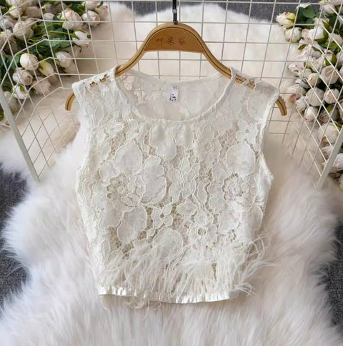 Furry Lace Top & Trousers Hollowed 2Pcs