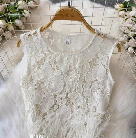 Furry Lace Top & Trousers Hollowed 2Pcs