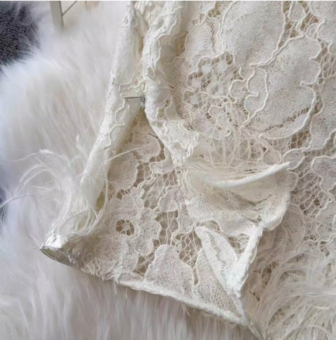 Furry Lace Top & Trousers Hollowed 2Pcs