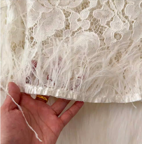 Furry Lace Top & Trousers Hollowed 2Pcs