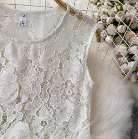 Furry Lace Top & Trousers Hollowed 2Pcs
