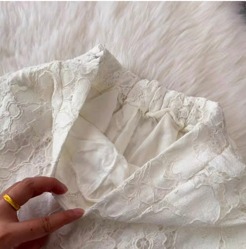 Furry Lace Top & Trousers Hollowed 2Pcs