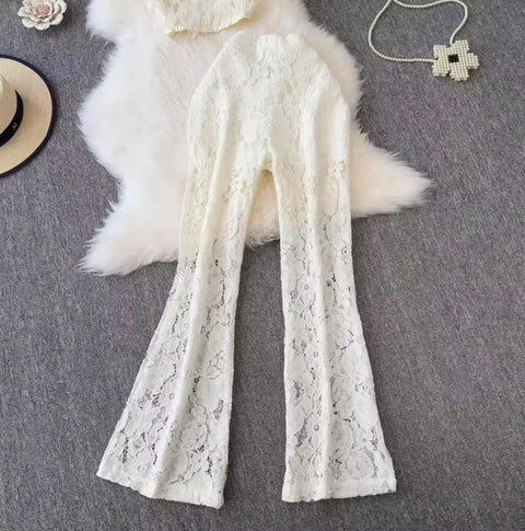Furry Lace Top & Trousers Hollowed 2Pcs