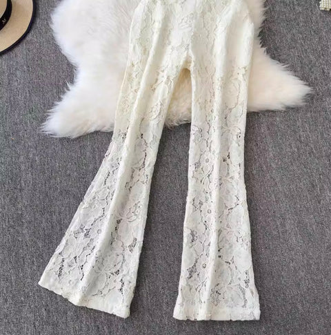 Furry Lace Top & Trousers Hollowed 2Pcs