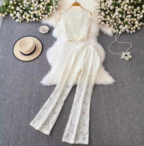 Furry Lace Top & Trousers Hollowed 2Pcs