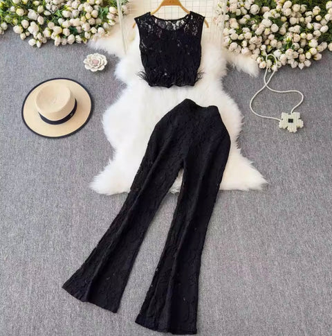 Furry Lace Top & Trousers Hollowed 2Pcs