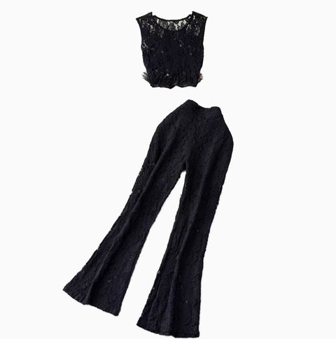Furry Lace Top & Trousers Hollowed 2Pcs