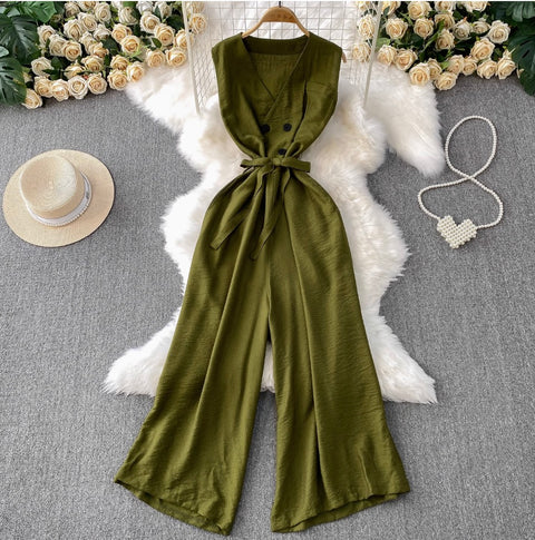 Elegant Double-breasted Sleeveless Jumpsuits
