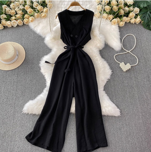 Elegant Double-breasted Sleeveless Jumpsuits