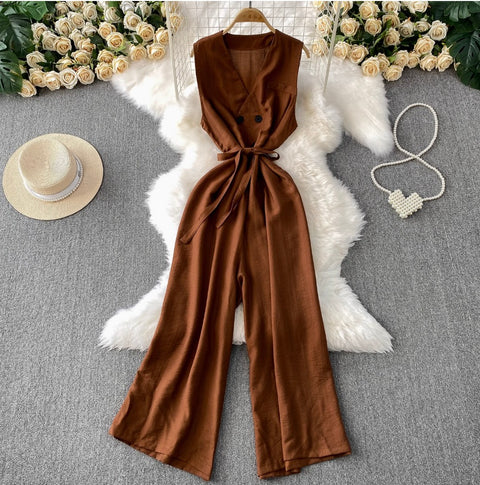 Elegant Double-breasted Sleeveless Jumpsuits