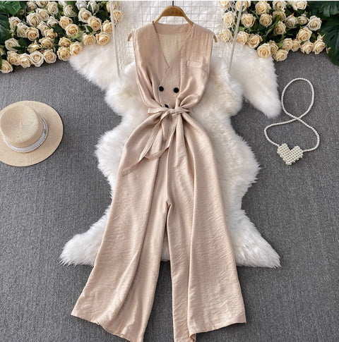 Elegant Double-breasted Sleeveless Jumpsuits