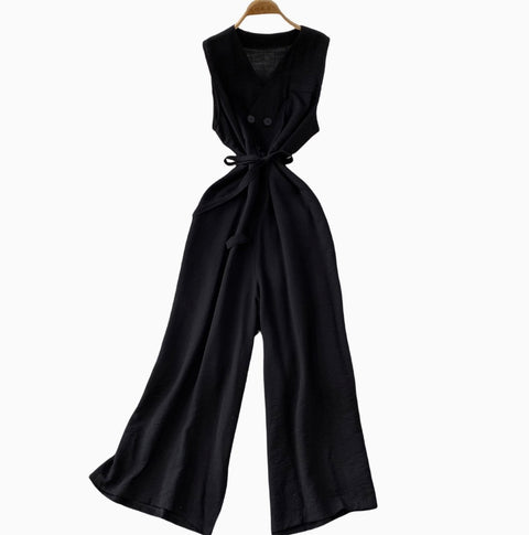 Elegant Double-breasted Sleeveless Jumpsuits