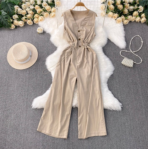 V-neck Sleeveless Drawstring Jumpsuits