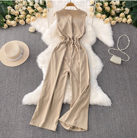 V-neck Sleeveless Drawstring Jumpsuits