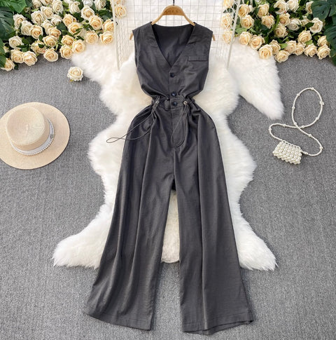 V-neck Sleeveless Drawstring Jumpsuits