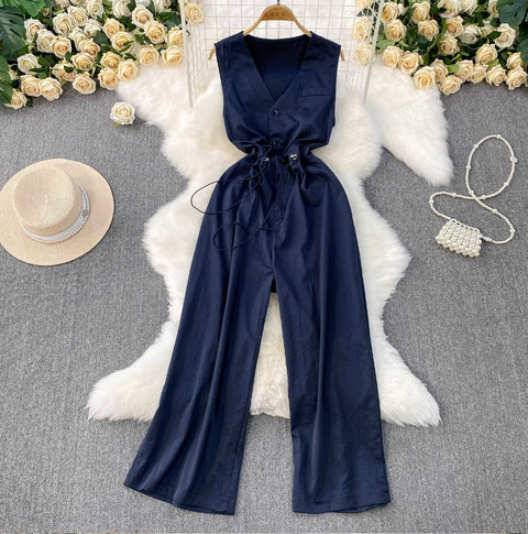 V-neck Sleeveless Drawstring Jumpsuits