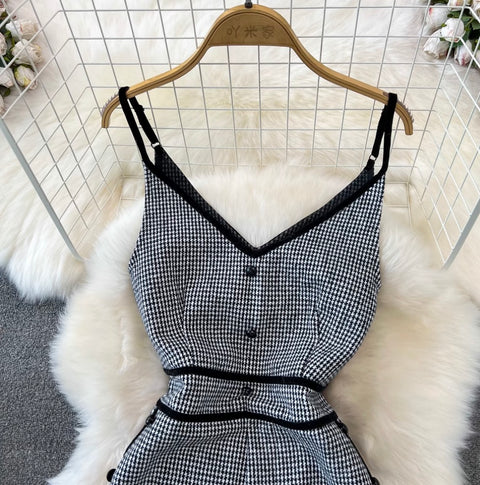 V-neck Houndstooth Tweed Slip Jumpsuits