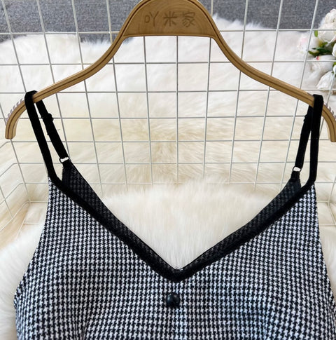 V-neck Houndstooth Tweed Slip Jumpsuits