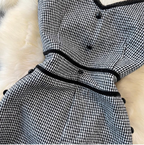 V-neck Houndstooth Tweed Slip Jumpsuits