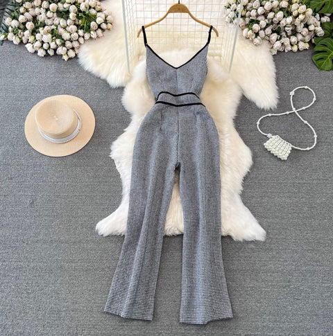 V-neck Houndstooth Tweed Slip Jumpsuits
