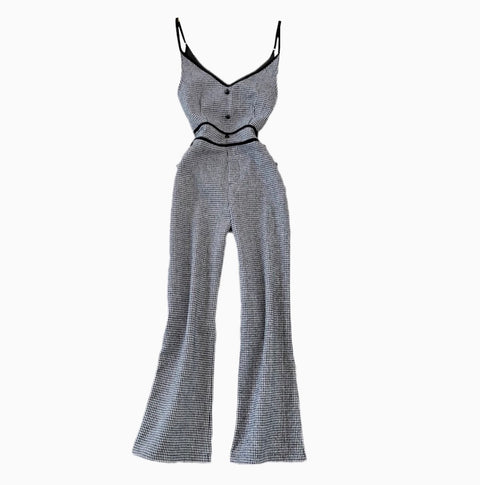 V-neck Houndstooth Tweed Slip Jumpsuits