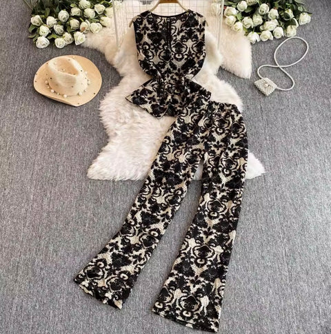 Printed V-neck Top & Trousers 2Pcs
