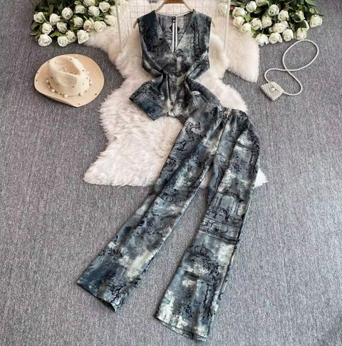 Printed V-neck Top & Trousers 2Pcs