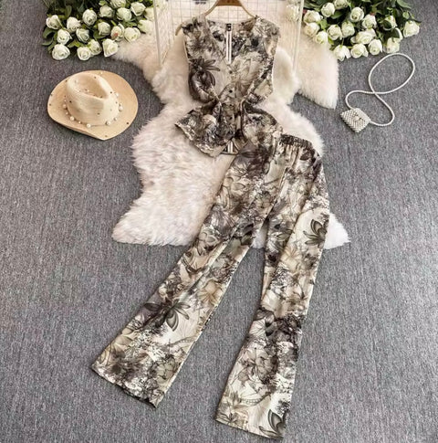 Printed V-neck Top & Trousers 2Pcs