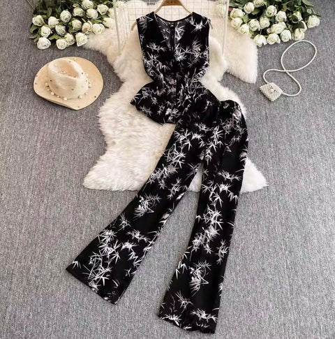 Printed V-neck Top & Trousers 2Pcs