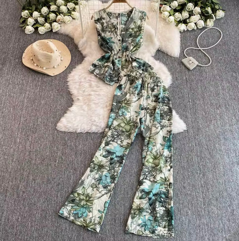 Printed V-neck Top & Trousers 2Pcs