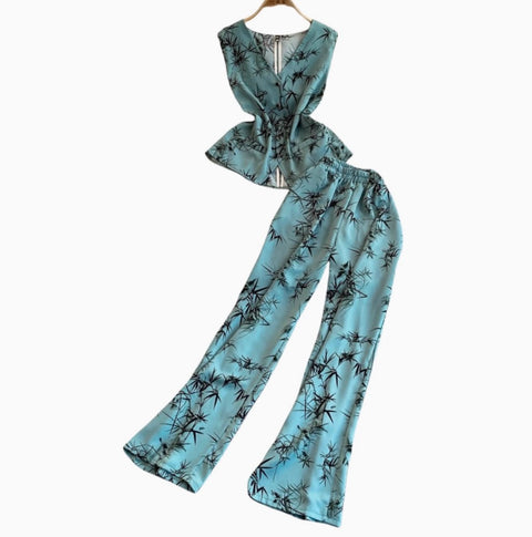 Printed V-neck Top & Trousers 2Pcs